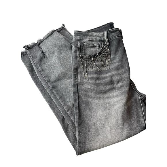 Risen Black Denim Jeans Women Size 13/31 Chain Accents Raw Hem Grunge Gothic - Picture 1 of 10